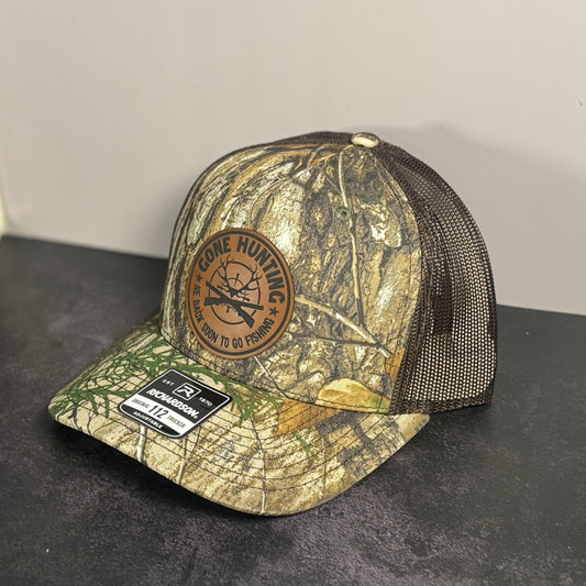 Gone Hunting Be Back Soon To Go Fishing Leather Patch Hat