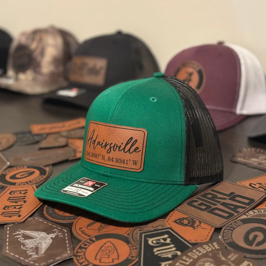 Adairsville Cursive Coordinates Leather Patch Hat